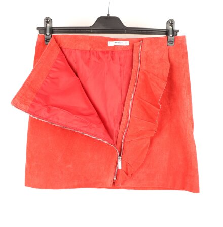 Mango Genuine Leather - R�d minikjol i l�der med volang &amp; dragkjedja - stl. L