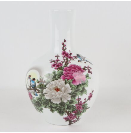 Kinesisk keramikvas med f�gel och blommotiv