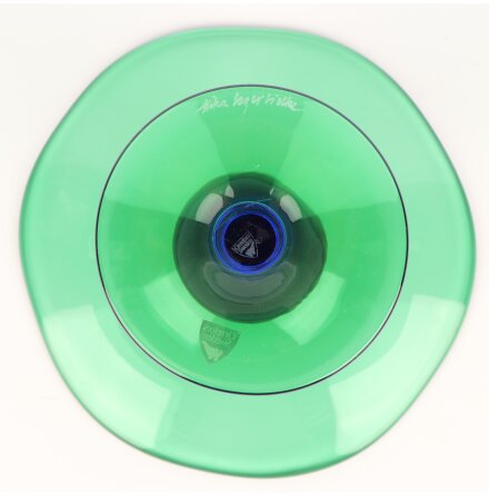 Orrefors - Erika Lagerbielke - Gr�n glassk�l p� fot med bl� och gr�n fot