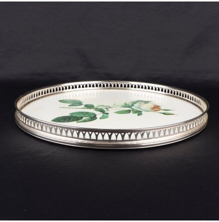 Woodmet - Bricka med metallram och blommotiv - Vintage 