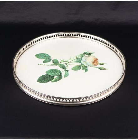 Woodmet - Bricka med metallram och blommotiv - Vintage 