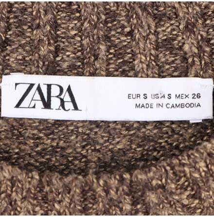 Zara - Brun stickad bastr�ja med kanter i rib - stl. S