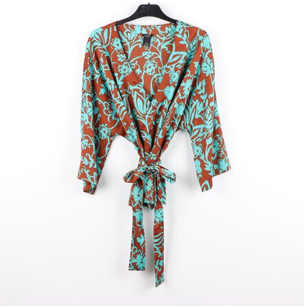 Lindex - Brun blus med turkos blomtryck - stl. XL