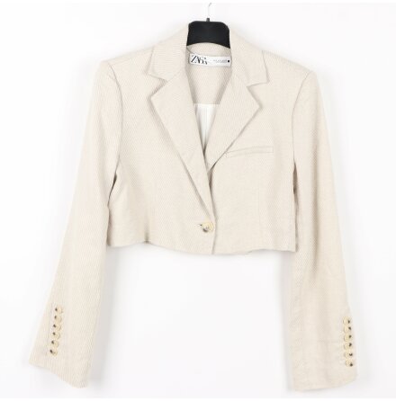 Zara - Midjekort beige-och ljusrandig kavaj - stl. S