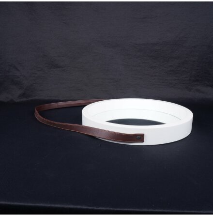 Vggspegel med vit ram i tr och lderrem - Diameter 38cm 