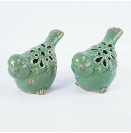 Ljuslykta f�r v�rmeljus - Gr�na f�glar i porslin - 2st