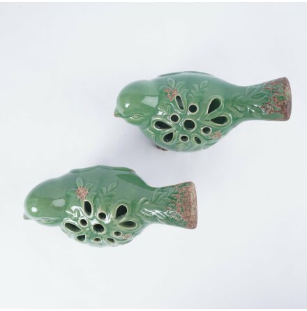 Ljuslykta f�r v�rmeljus - Gr�na f�glar i porslin - 2st